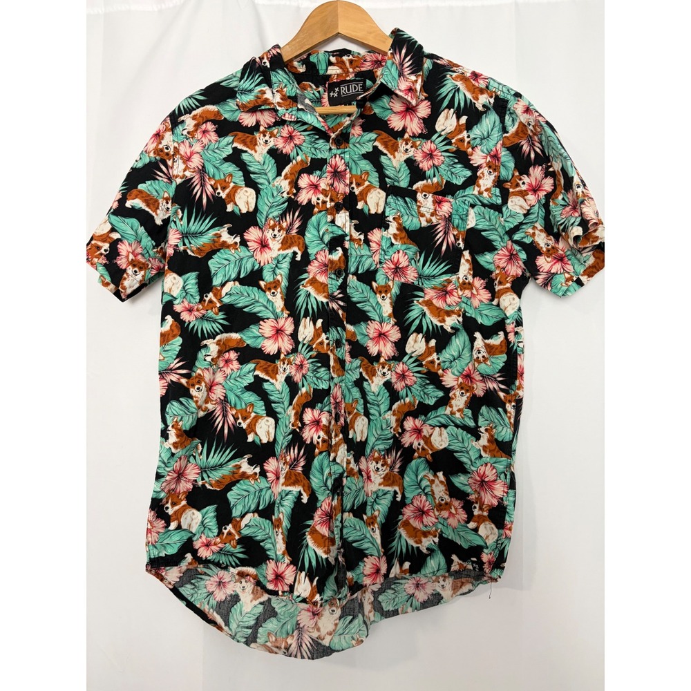 Rude Mens Large Corgi Dog Hawaiian Shirt Black Floral Tropical Cotton Button Up